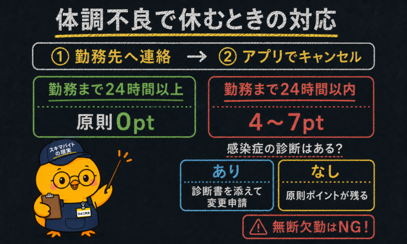 タイミーを体調不良で休む際のペナルティポイントとインフルエンザ時の対応フロー
