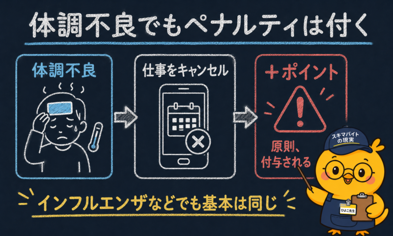 タイミーは体調不良で仕事をキャンセルしても原則ペナルティポイントが付く