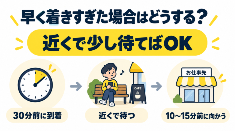 タイミーで早く着きすぎた場合は近くで待って10〜15分前に向かう流れを示した図解