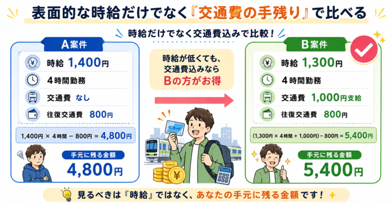 タイミーとシェアフルの求人を時給だけでなく交通費込みの手残りで比較した図